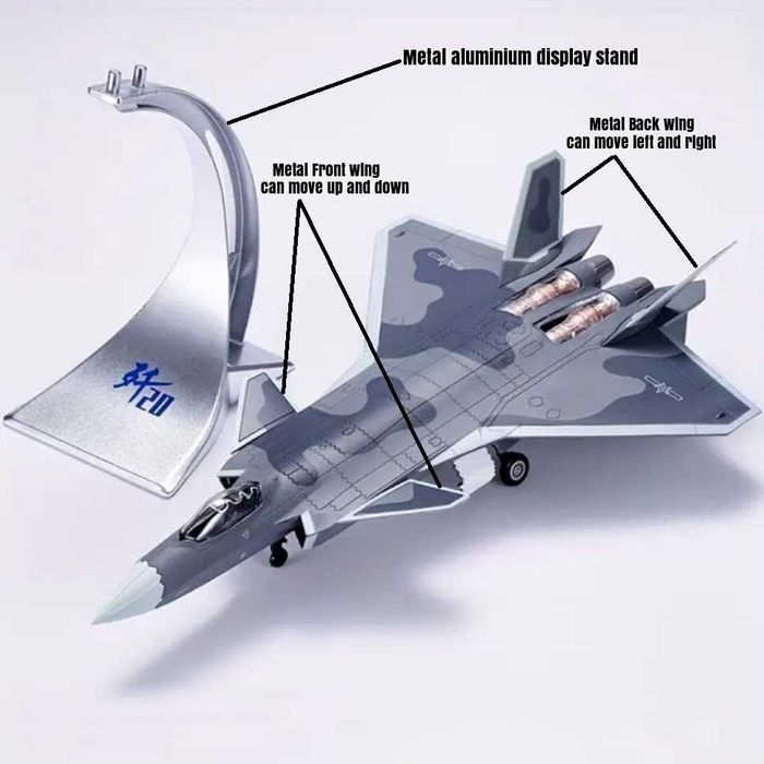 Macheta avion metalica 5 gen stealth jet J20/F22 scara 1:72 26cm