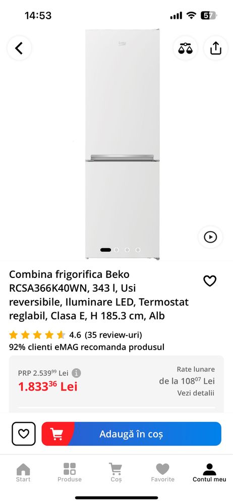 Combina frigorifica Beko RCSA366K40WN, 343 l,