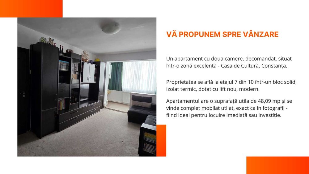 Vânzare apartament 2 camere – 48,09 mp–Zona Casa de Cultură, Constanța