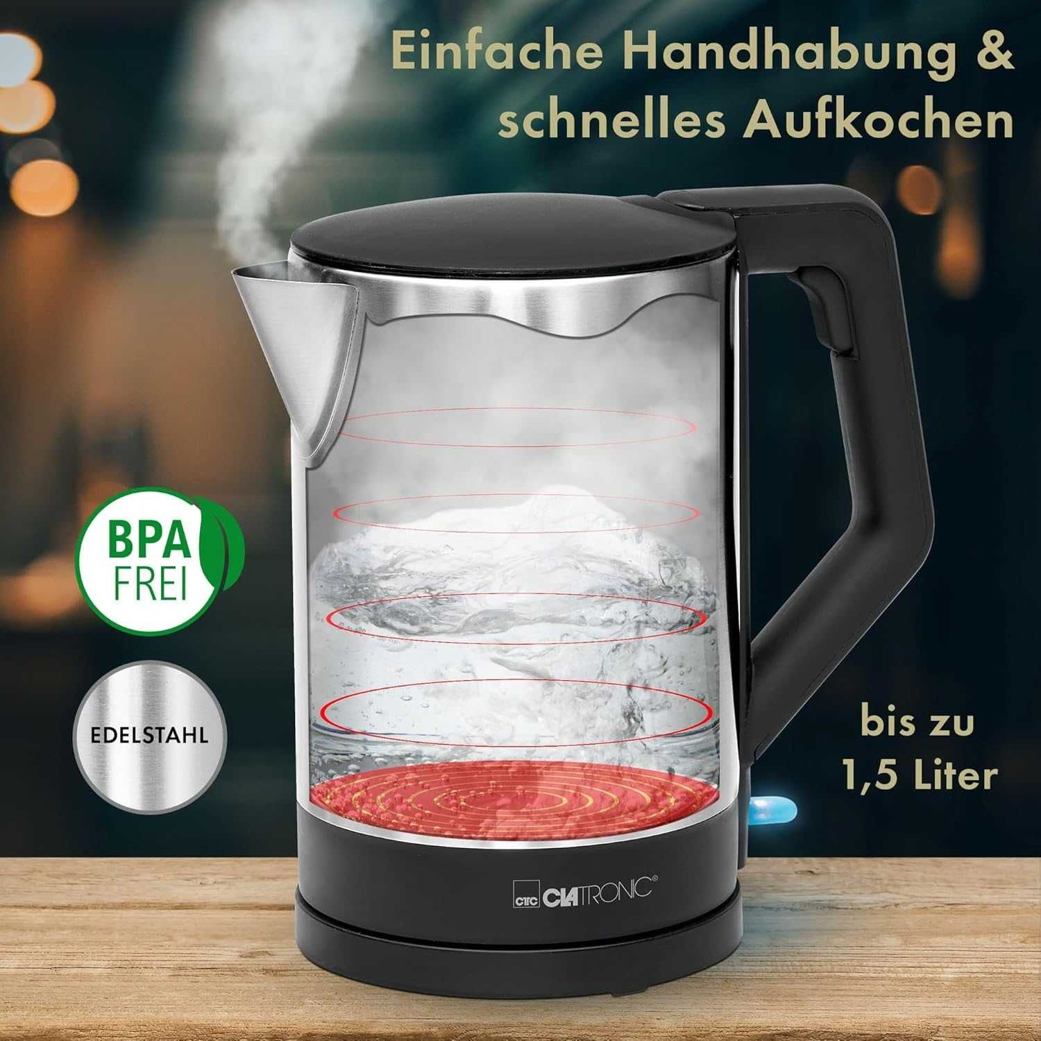 Електрическа кана Clatronic WKS 3692, 1.5L, 2200W, Неръждаема стомана