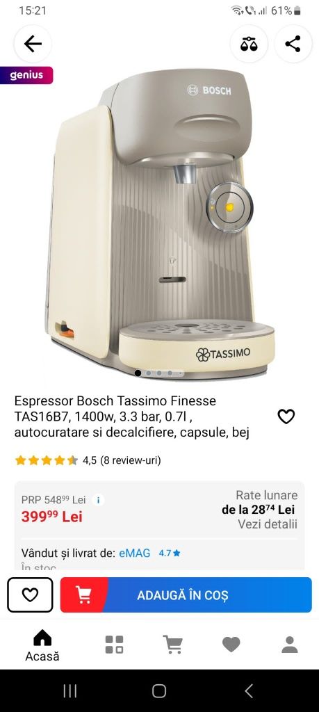 Vând aparat de cafea ca nou Bosch Tassimo Finesse.