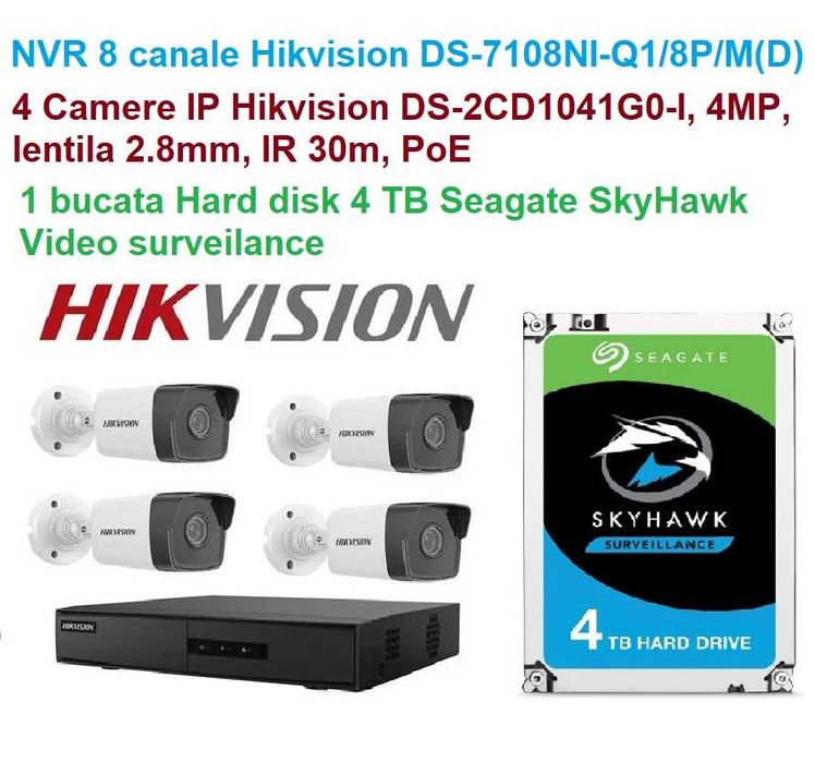 Sistem Supraveghere Kit NVR 4 camere 4MP PoE Hard disk 4TB nou Sigilat