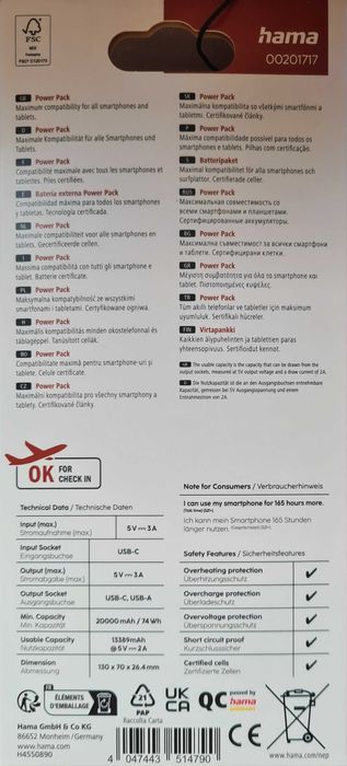 Baterie Hama, 20000mah