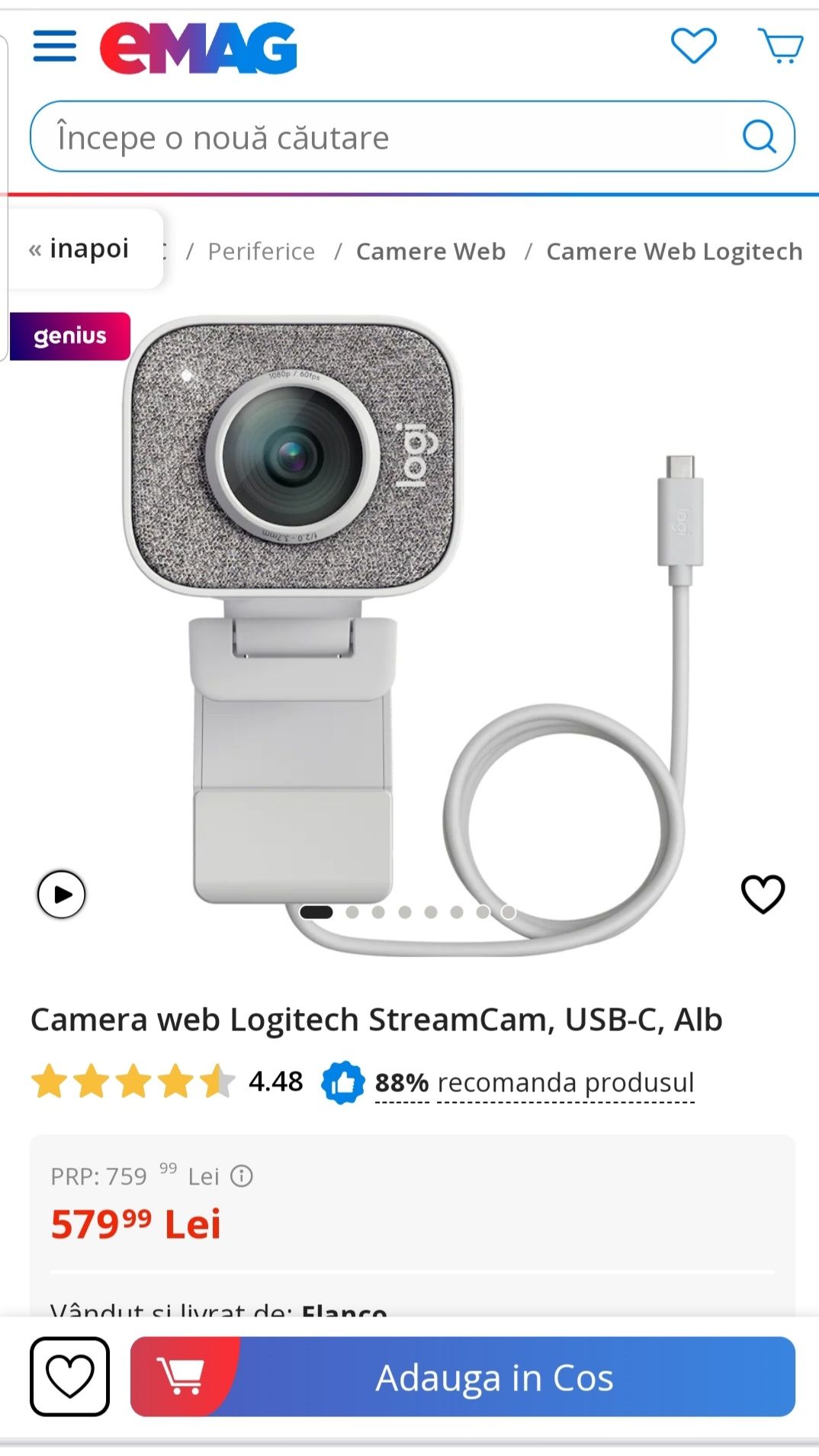 Camera Logitech StreamCam 1080p Full HD sigilata