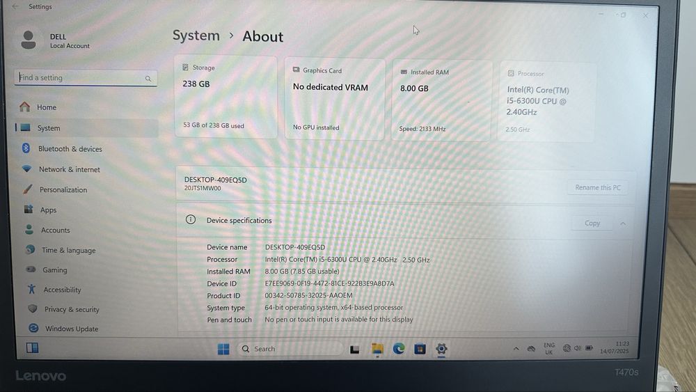 Лаптоп Lanovo Thinkpad T470s 14”FHD /Intel i5 /8GB RAM/ 256GB SSD -736