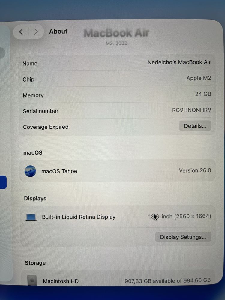 MacBook Air 13” M2; 24GB RAM; 1TB SSD; 100% Battery Health