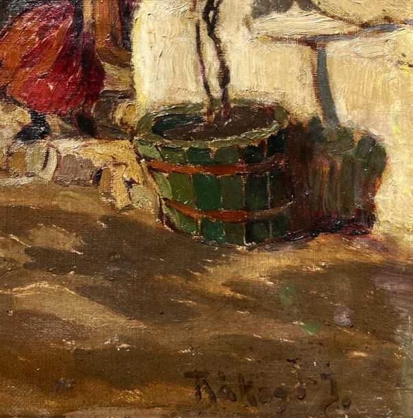 ”Fată în costum national în fața casei”  ul/pz 70x50cm
