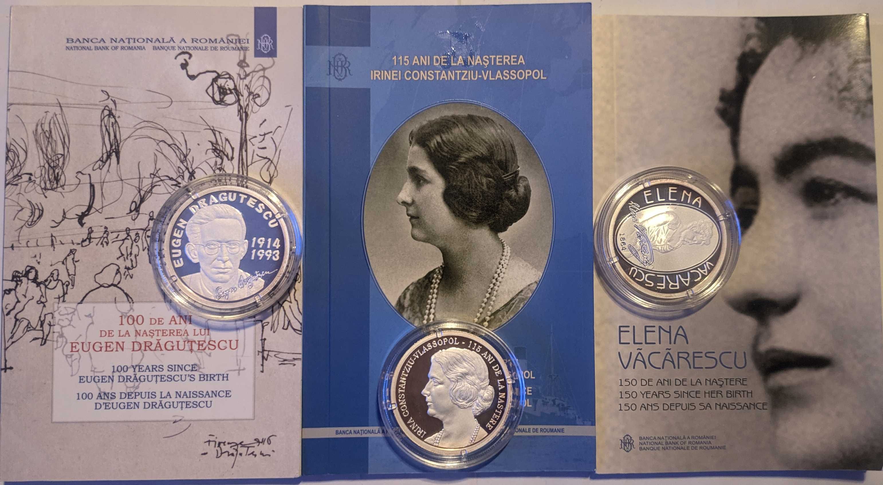 Monede argint 999 BNR 10 lei 2014 Drăguțescu, Văcărescu 2015 Vlassopol