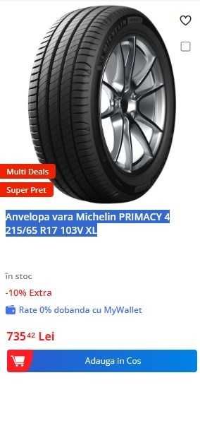 MICHELIN 215/65R17 Primacy4 XL 103V NOI !!! DOT 0925 - 4 BUC x 550 lei