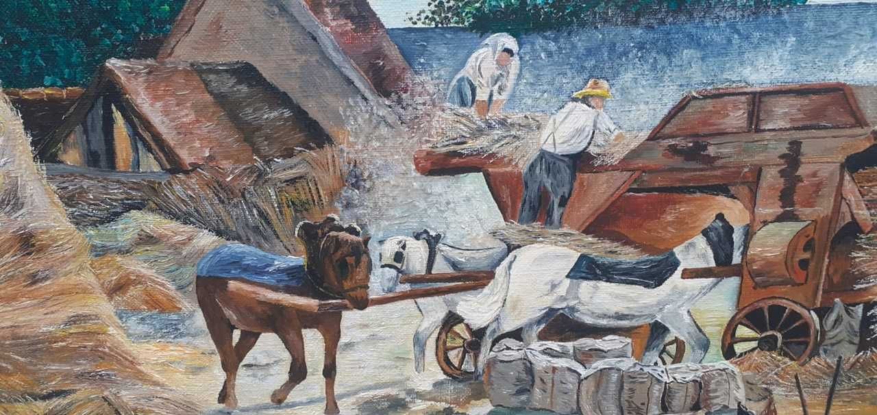 Tablou vechi - viata la sat - semnat P. Meda