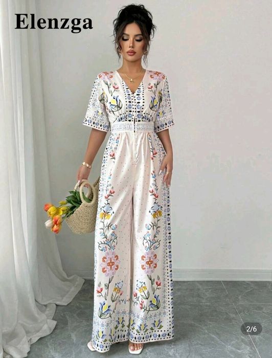 Elenzga Salopetă elegantă Elenzga, cu decolteu în V, cu model vintage