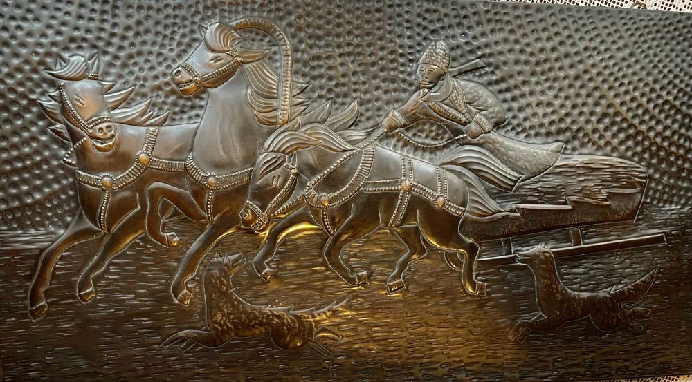 Чеканка панно настенное по меди Тройка времен СССР 1970 годов