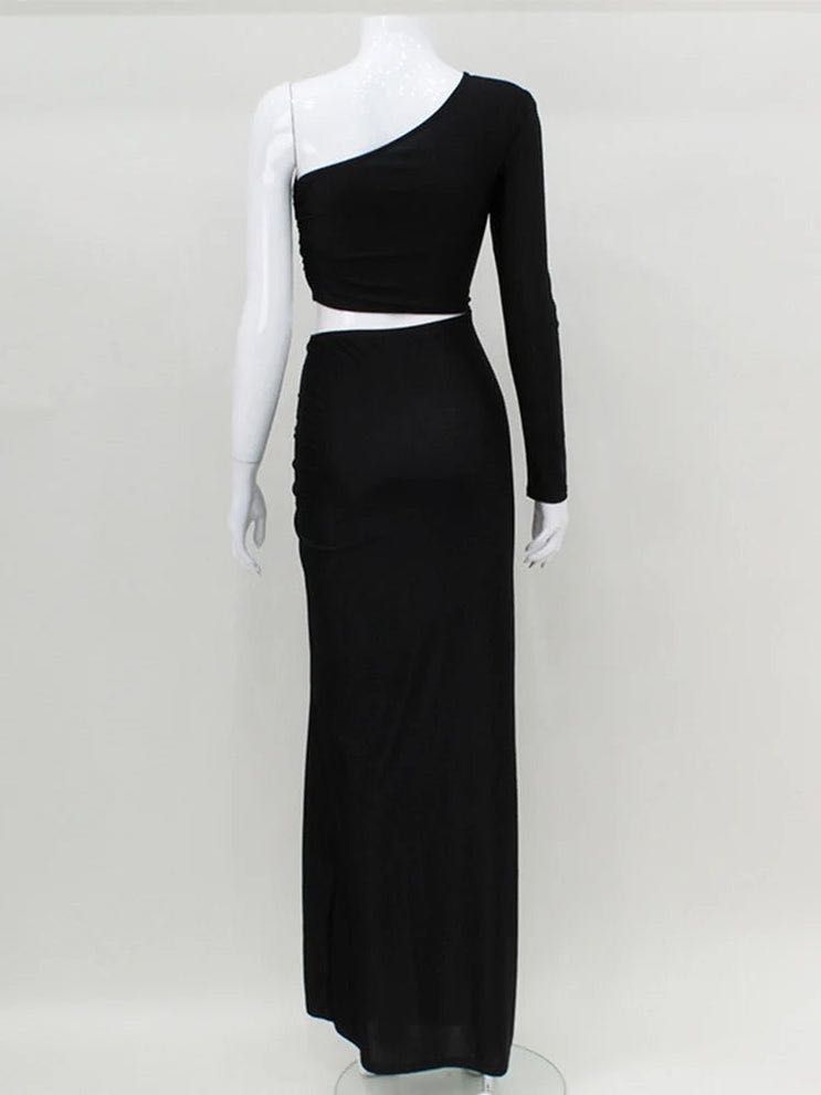 Официална дълга рокля с едно рамо и цепка черно циклама Mugler