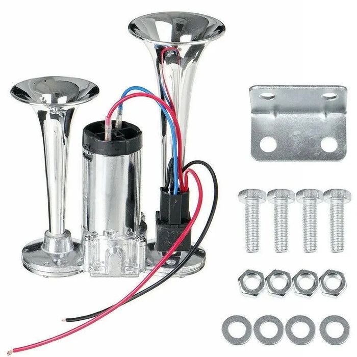 Claxon Auto cu 2 pipe Cromate si Compresor Integrat, 12V/24V