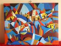 Pictura culori acrilice pe panza 60x47 cm–Peisaj abstract al unui sat