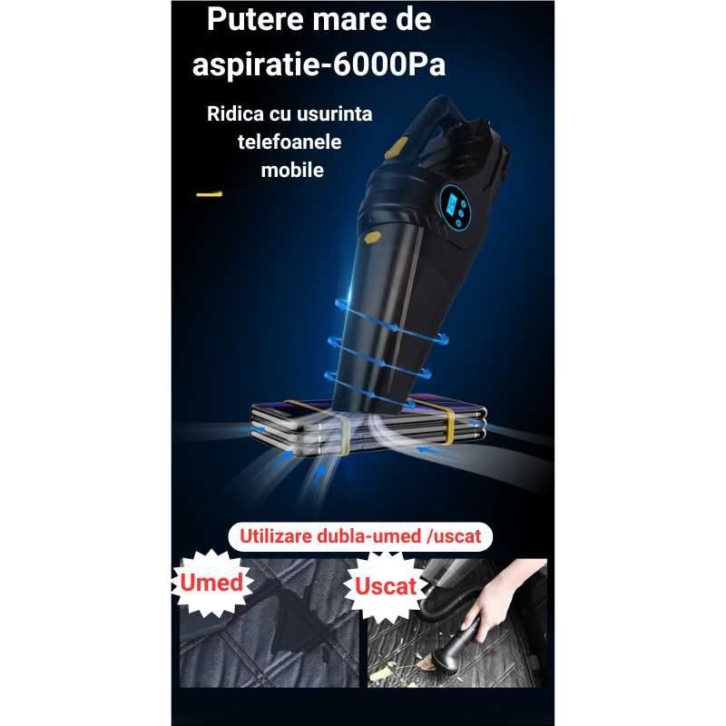 Aspirator Auto, 4 in 1, Compresor Anvelope,Manometru,Lanterna,110W,12V
