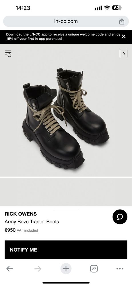 Rick Owens TRACTOR BOOTS 45 номер