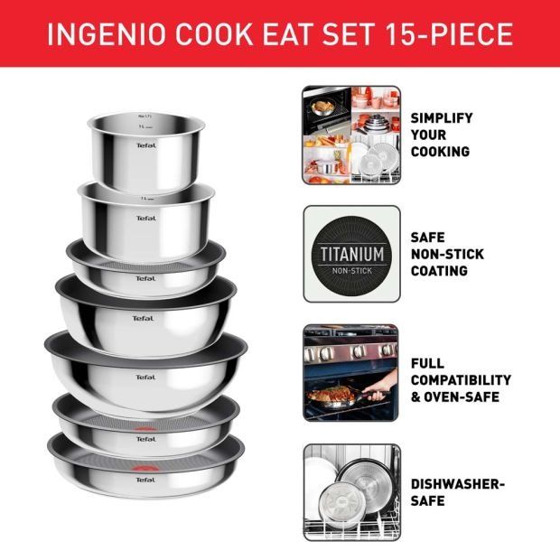 15 части Tefal макси сет от неръждаема стомана