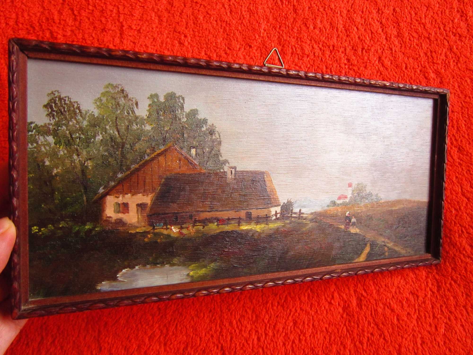 cadou rar tablou mic pictură în ulei scenă rurală Danemarca anii'50