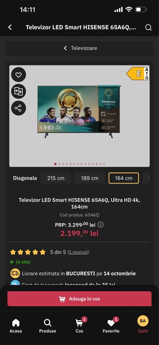Televizor LED Smart HISENSE 65A6Q, Ultra HD 4k, 164cm