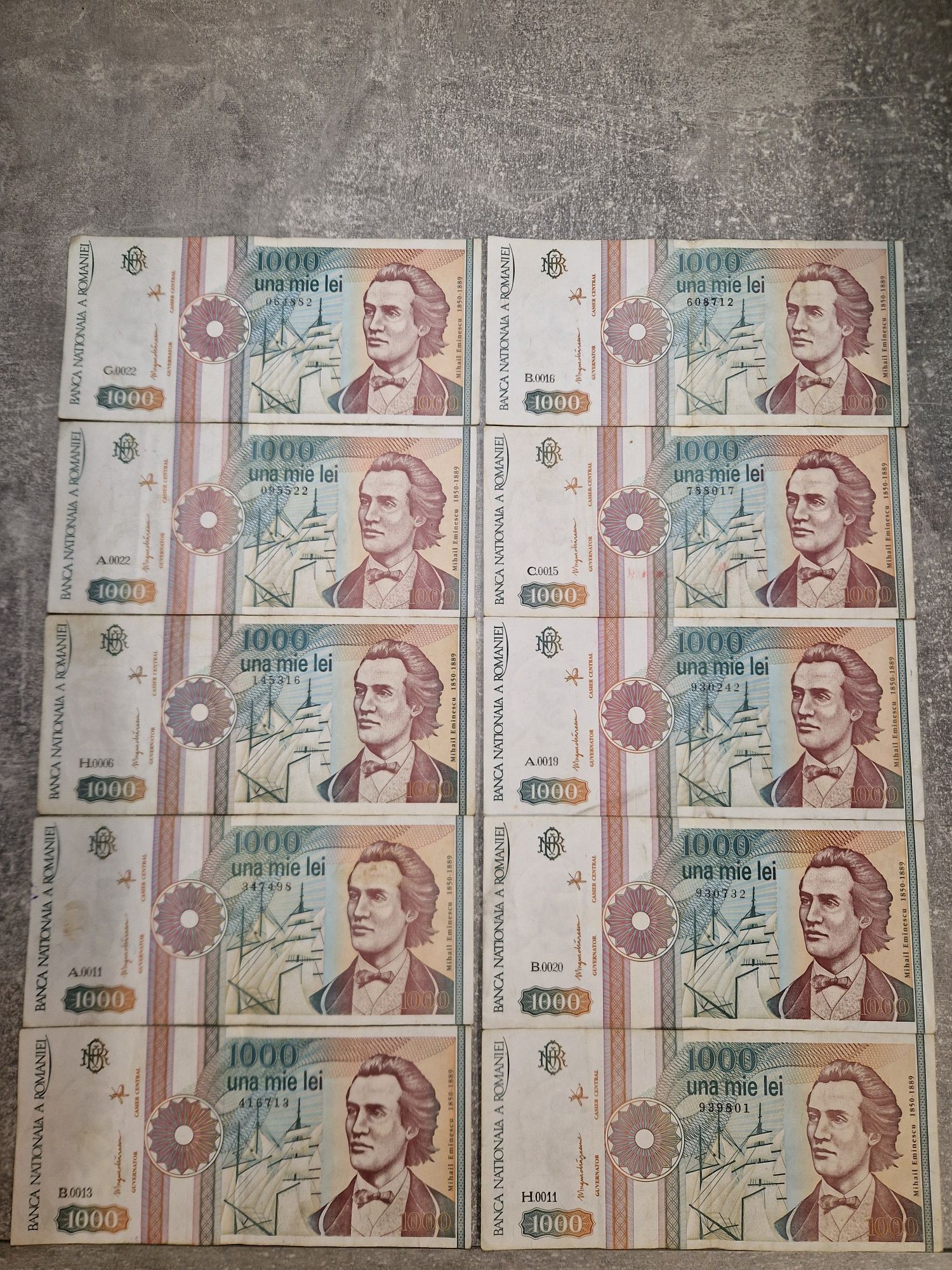 Lot 10 bancnote 1000lei Mihai Eminescu 1991