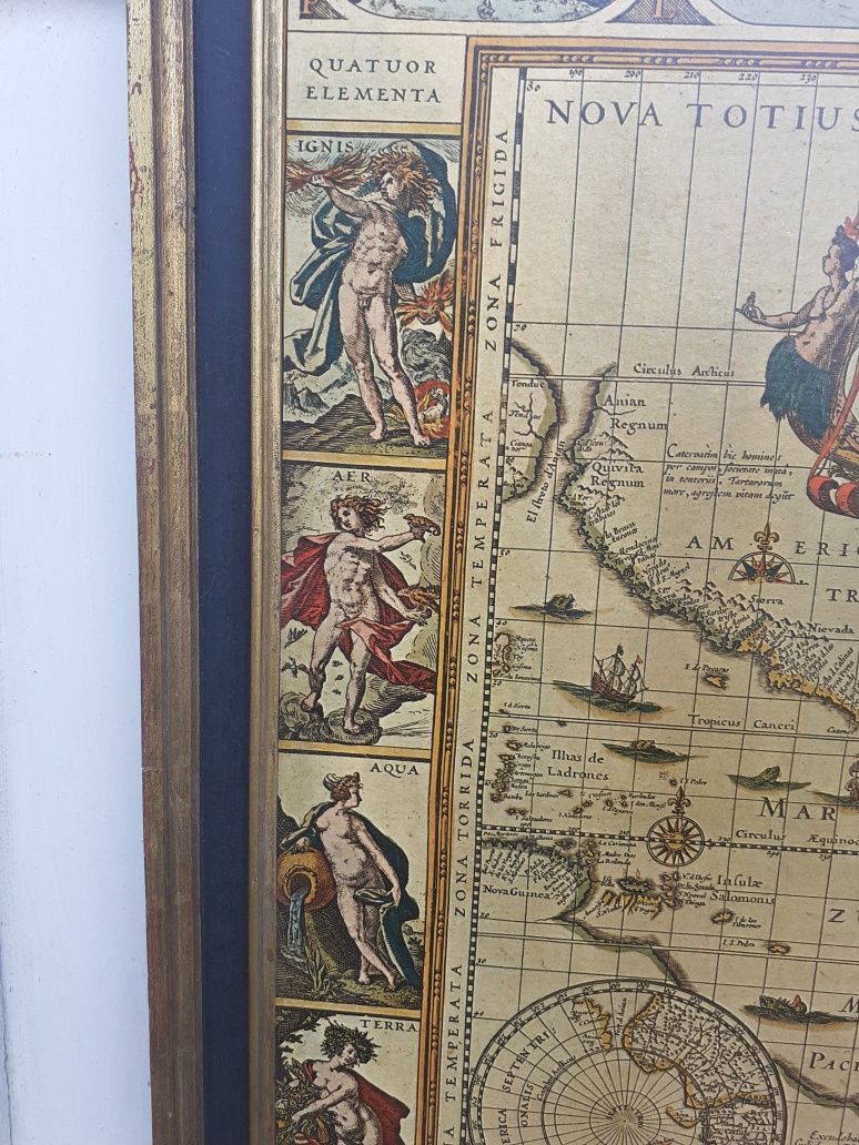 Tablou cu harta lumii la 1600/rama lemn,vintage /Olanda