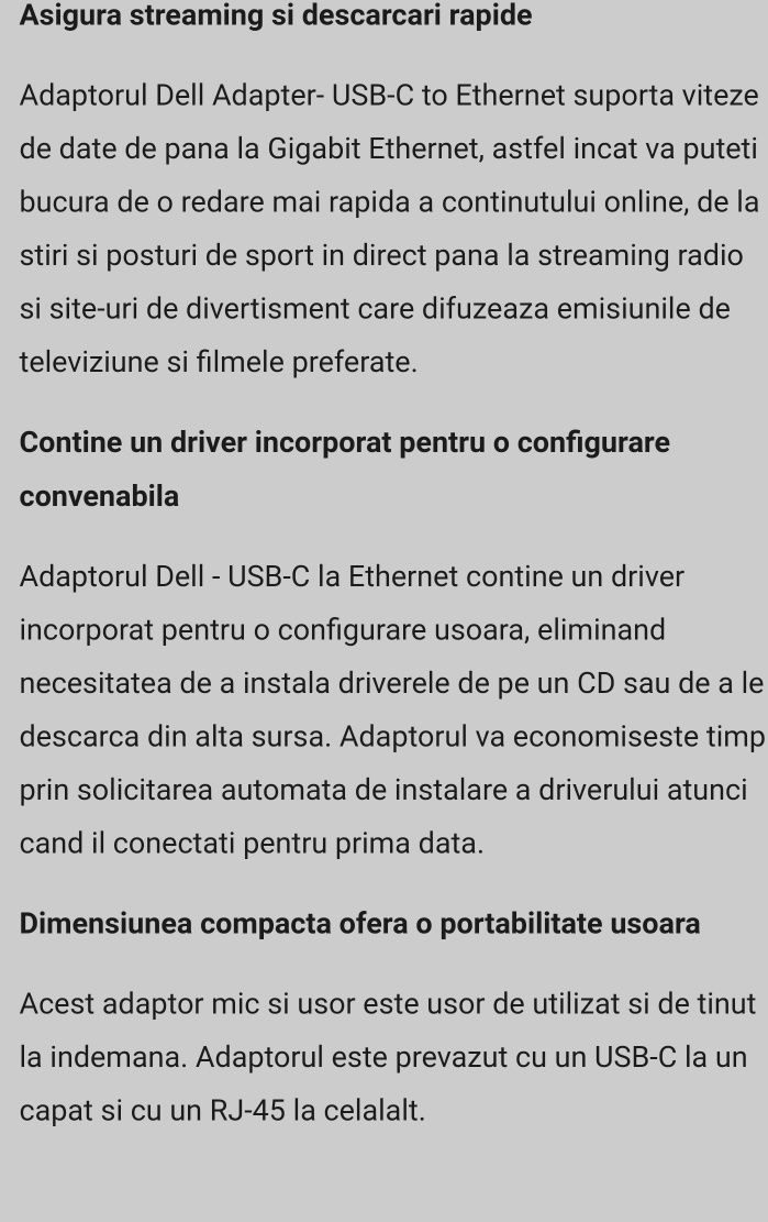 Adaptor USB-C la Ethernet Gigabit, Dell