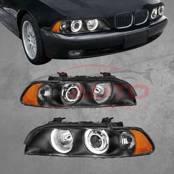 Тунинг фарове с Angel Eyes за BMW E39 (1997–2003) – черни, с крушки