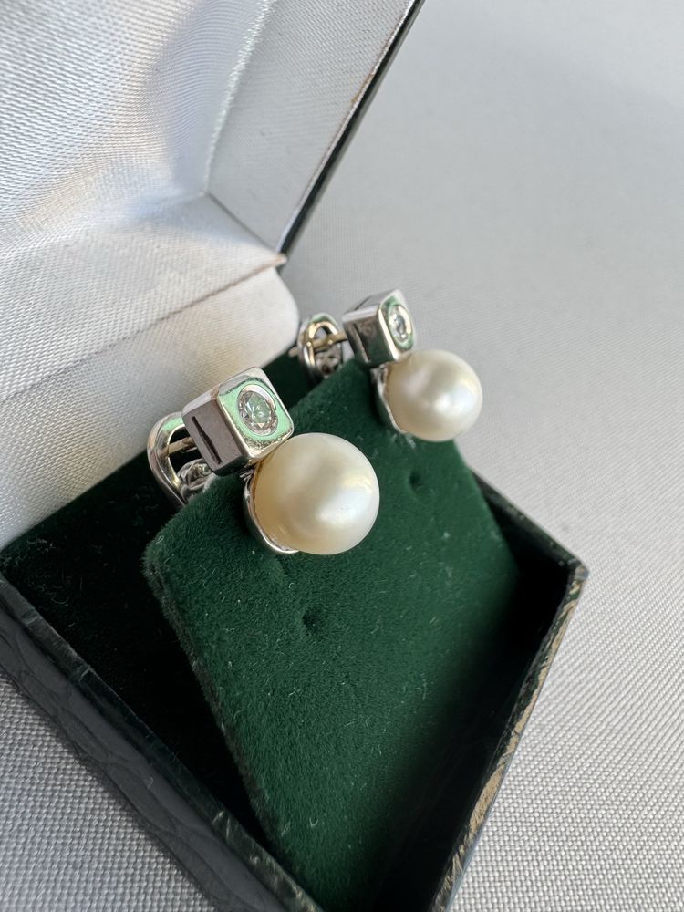 Cercei aur, perla si diamant