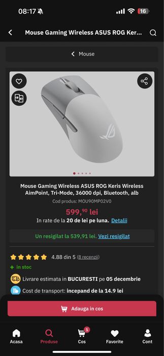 Mouse Gaming ASUS ROG Keris Wireless AimPoint, Tri-Mode, 36000 dpi NOU
