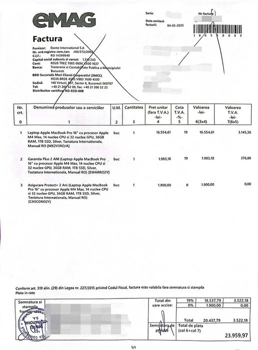 MacBook Pro 16.2″/M4 Max – SSD 1 TB- CA NOU, Asigurare+Garanție Altex