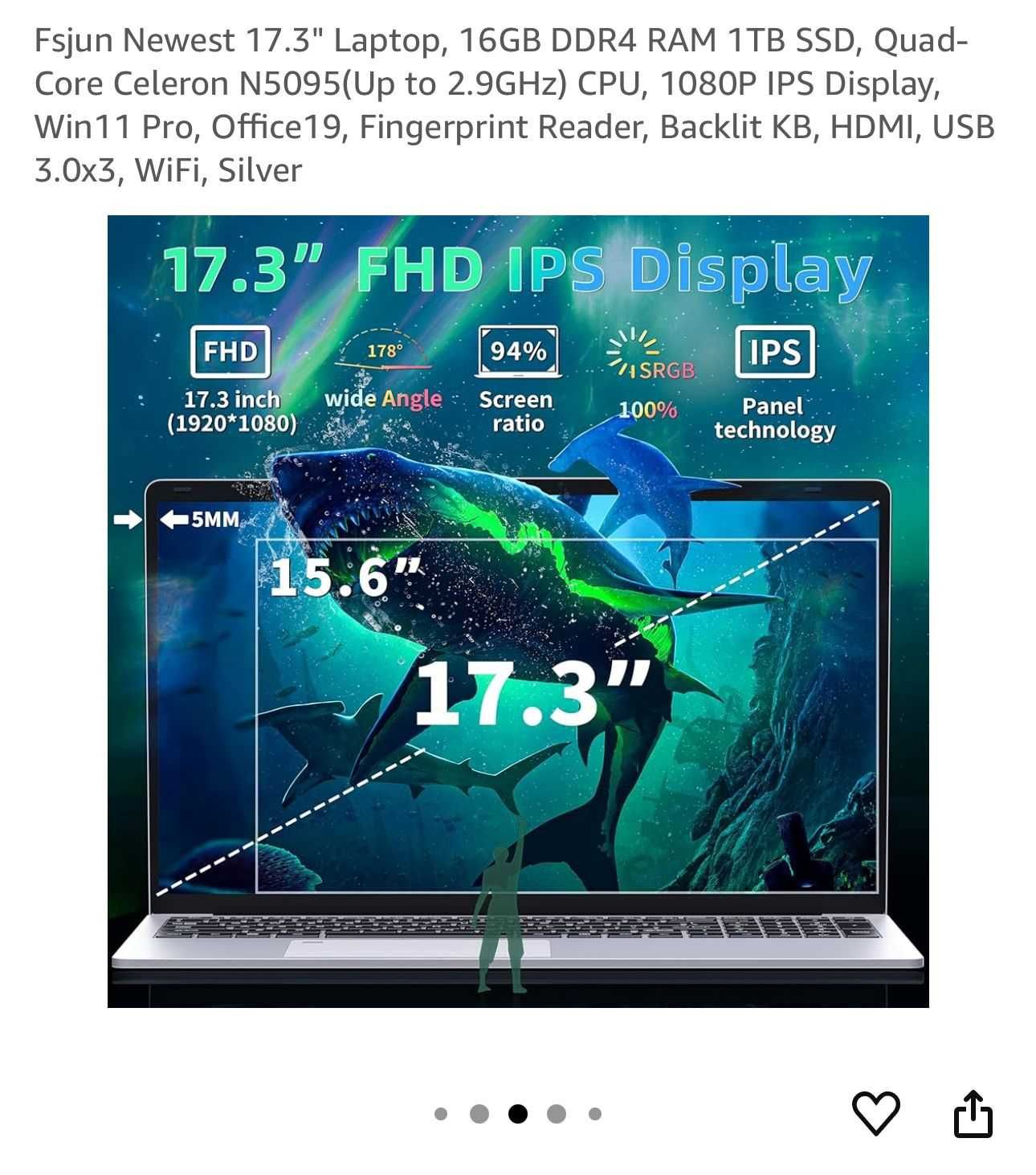 Fsjun Newest 17.3" Laptop, 16GB DDR4 RAM 1TB SSD