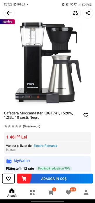 Cafetiera Moccamaster KBGT741, 1520W, 1.25L, 10 cesti, Negru