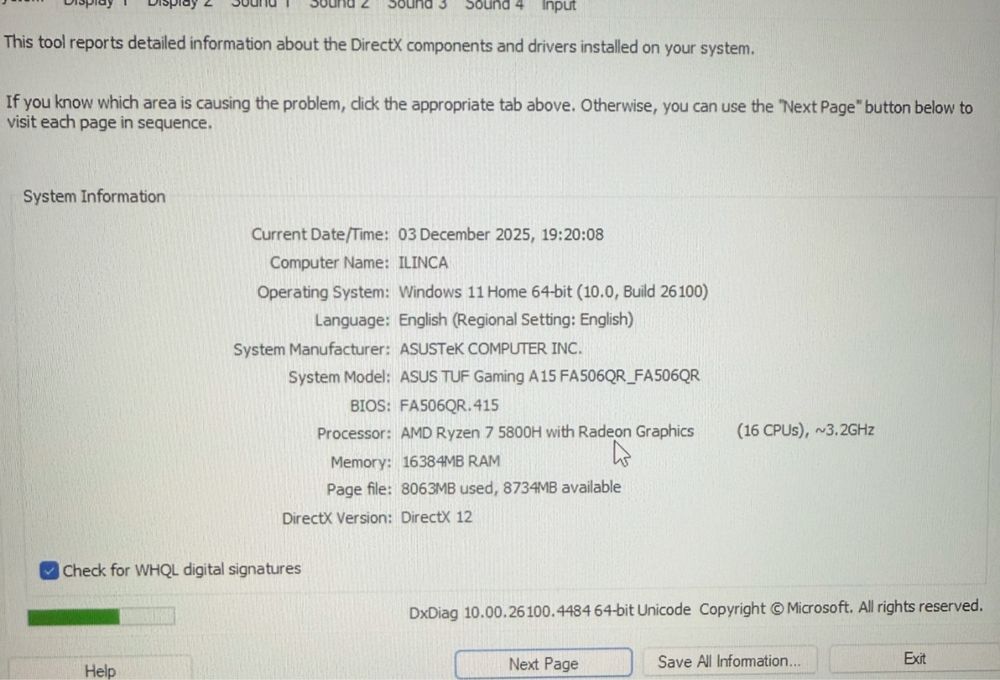Asus TUF Gaming A15 RTX 3070 ,16 GB Ram