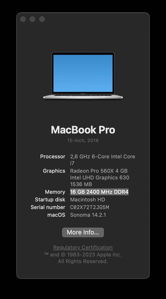 MacBook Pro 15'' 2018 / Radeon Pro 560X 4GB / 16 GB DDR4 / 512 SSD