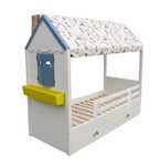 Pat copii Casuta Mea, lemn masiv molid, 2 sertare,Alb/Albastru, 90x200