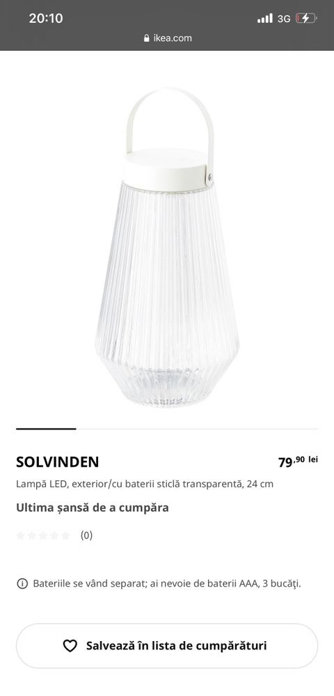 Lampa Led Ikea sticla transparenta cu maner noua sigilata cu baterii