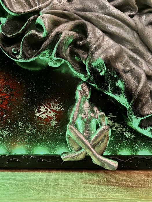 Tablou decorativ unicat - arta abstracta cu texturi metalice si led