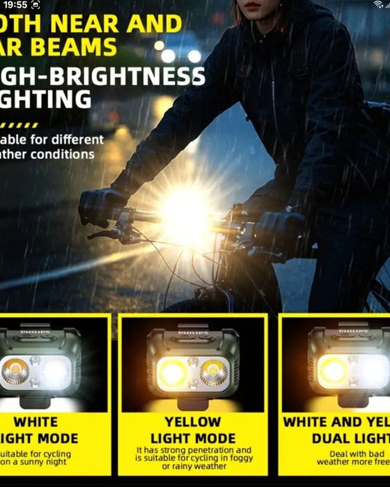 Far bicicleta ledPhilips senzor inteligent,acumulator,lumina alb-galbe