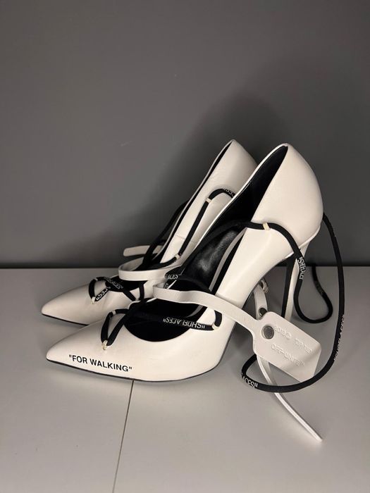 Off White Leather Pumps With Logoed Laces 12cm