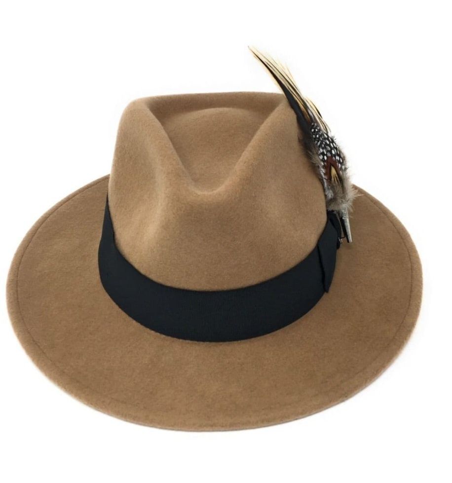 Pălărie Fedora Burford lână premium cu broșă pană pasare