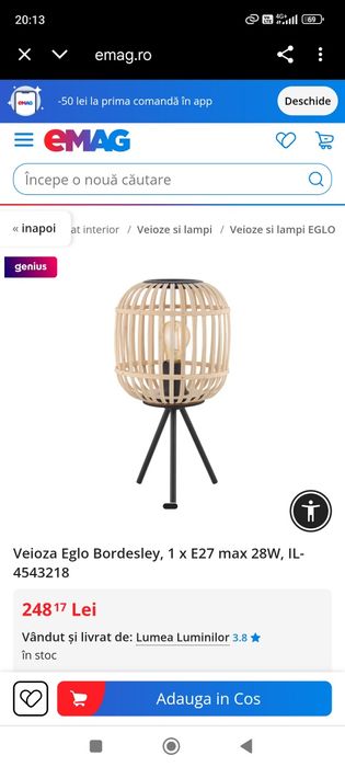 Veioza bambus Eglo Bordesley