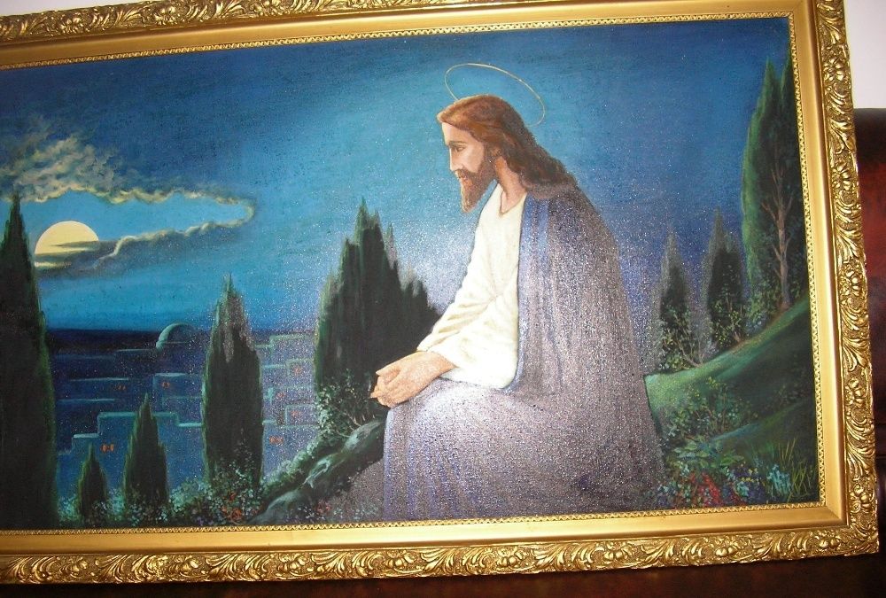 Tablou icoana vechi ulei pe panza, Isus in gradina Ghetsimani