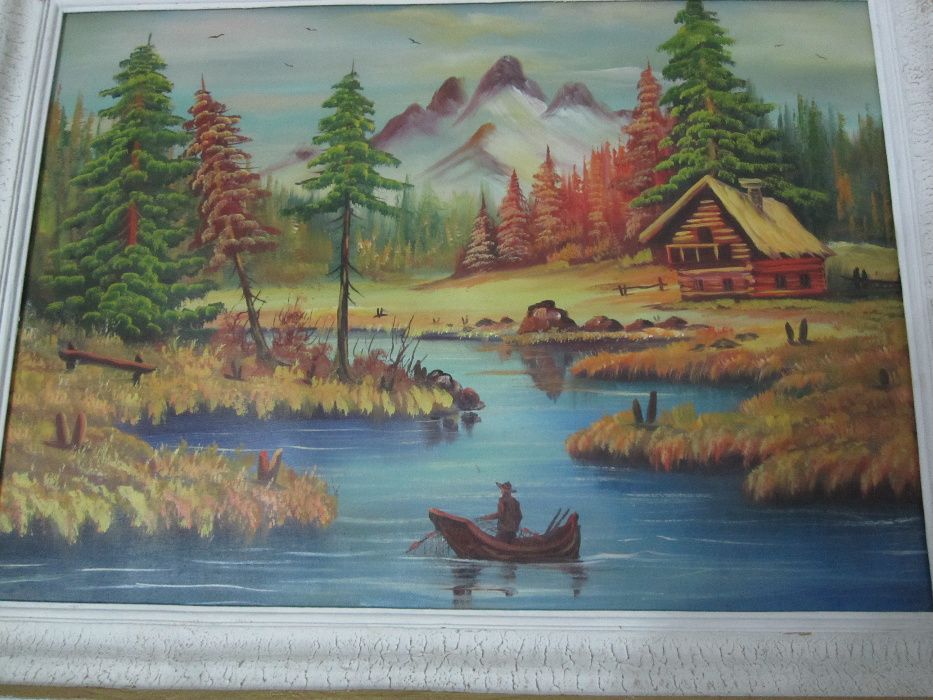 Tablou peisaj "Pe rau la pescuit" pictat pe panza,80x62cm-ieftin
