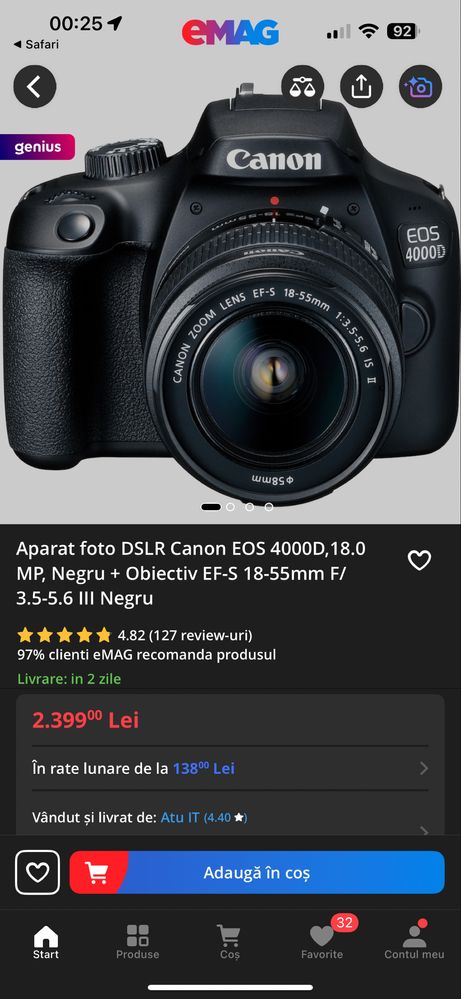 Aparat foto DSLR Canon EOS 4000D Full Box ! Ca noua ! + card 32gb !