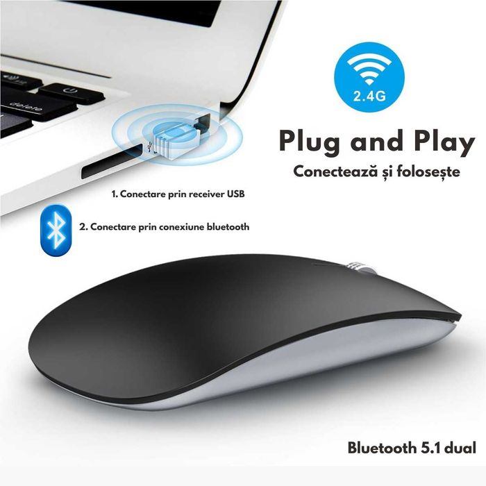 Mouse Wireless, Dual Mode Bluetooth 5.1 & 2.4GHz, Reincarcabil USB-C