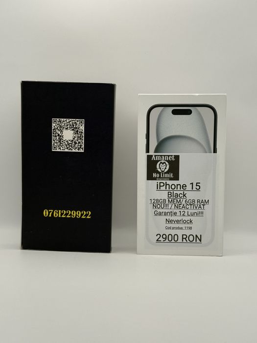 iPhone 15 Black 128GB Nou Neactivat Garantie 1An , AMANET NO LIMIT.