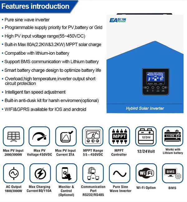 Соларен инвертор Easun 2.2KW 12V 220V MPPT 80A PV 450V Off-Grid WIFI