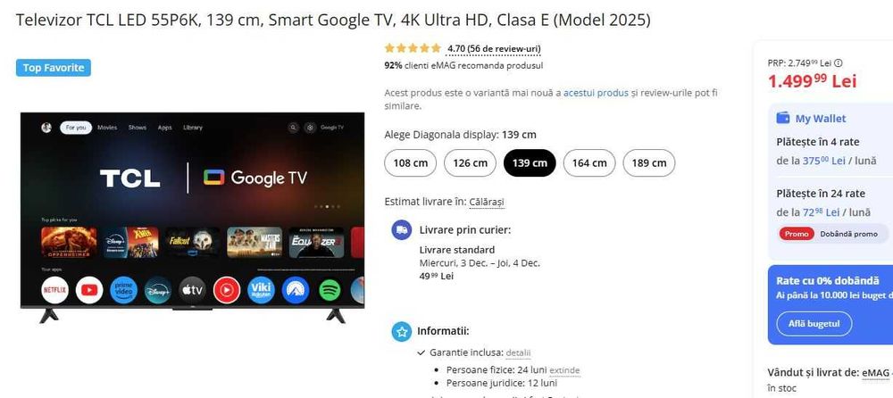 Televizor TCL LED 55P6K, 139 cm, Smart Google TV, 4K Ultra HD