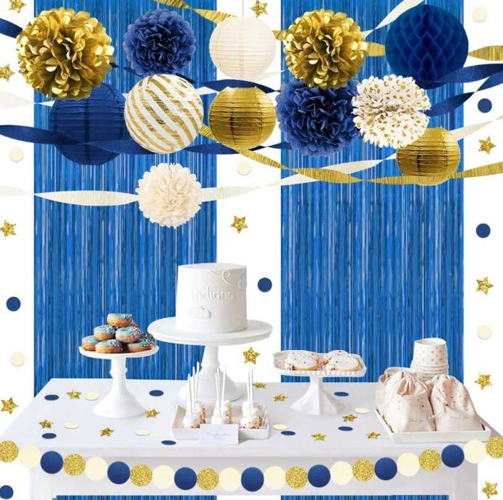 Set decorațiuni petrecere Albastru Marin & Auriu – 22 piese